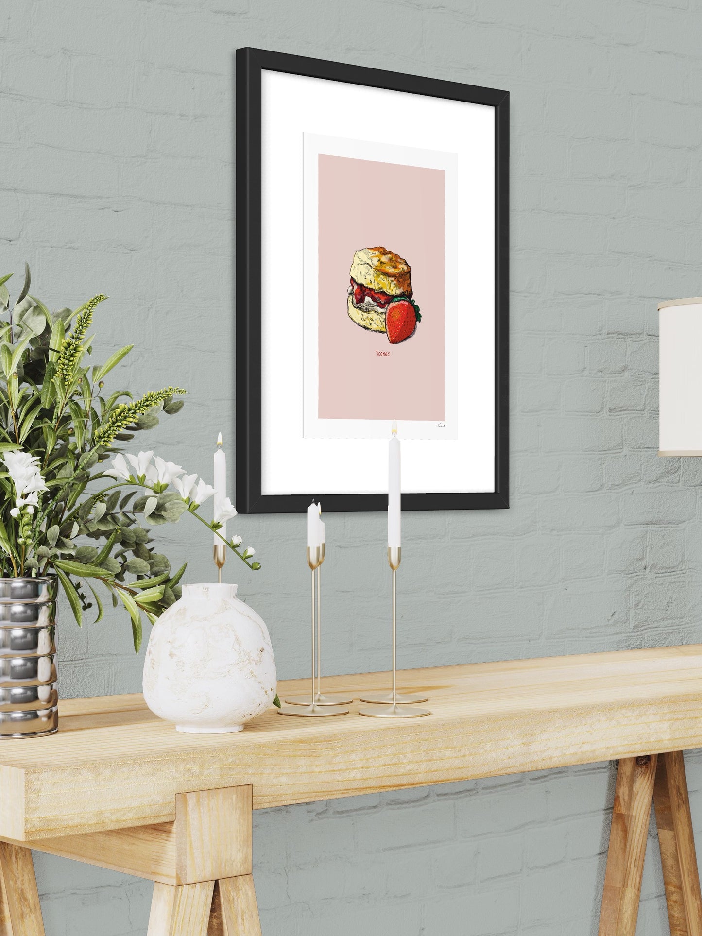 This image shows a giclee wall art print by Tom Laird Illustration of a Scone, framed in a beautiful living room with tasteful modern home decor. This art print is available from Tom Laird Illustration in various sizes.