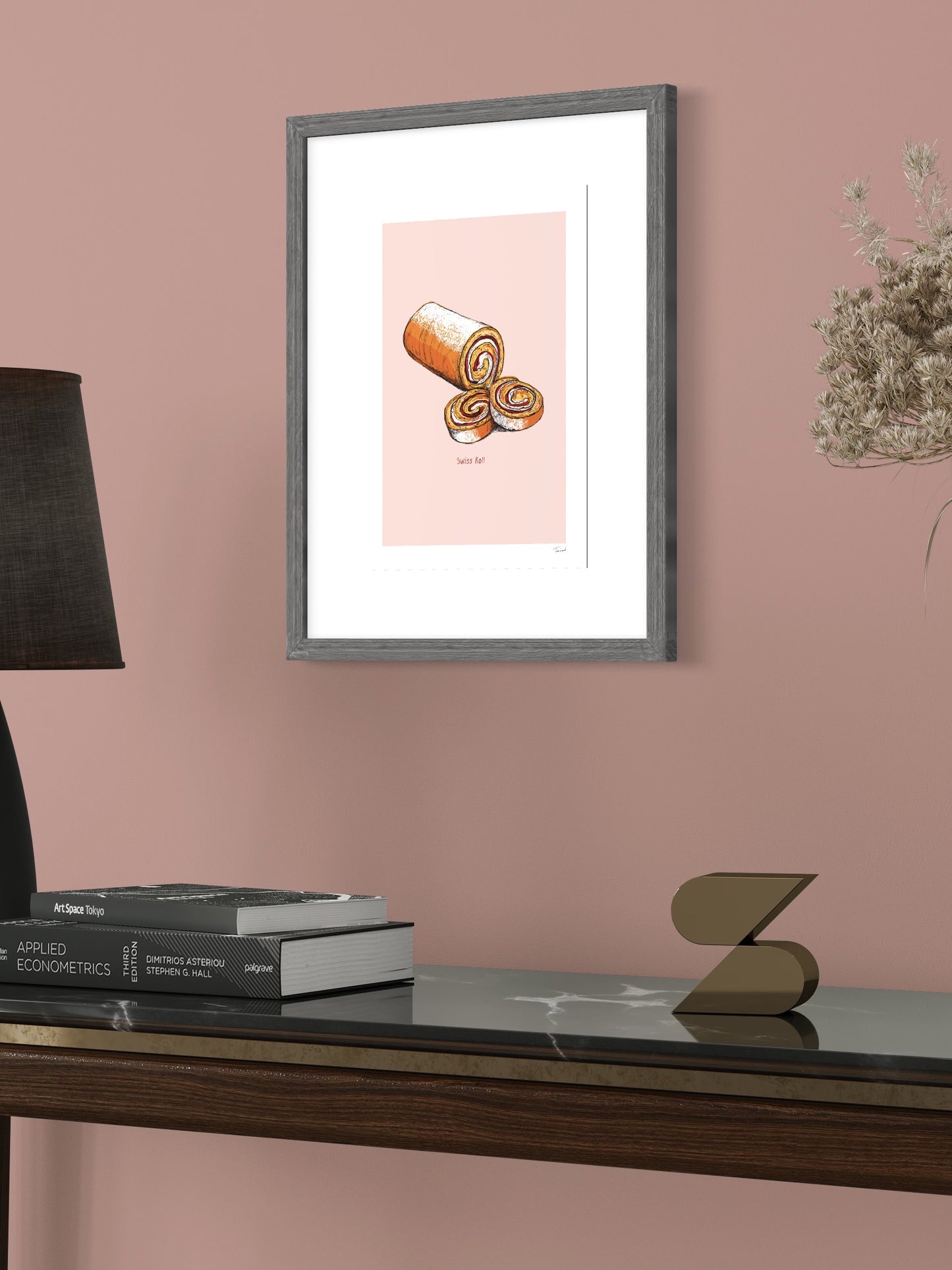This image shows a giclee wall art print by Tom Laird Illustration of a Swiss Roll, framed in a beautiful living room with tasteful modern home decor. This art print is available from Tom Laird Illustration in various sizes.