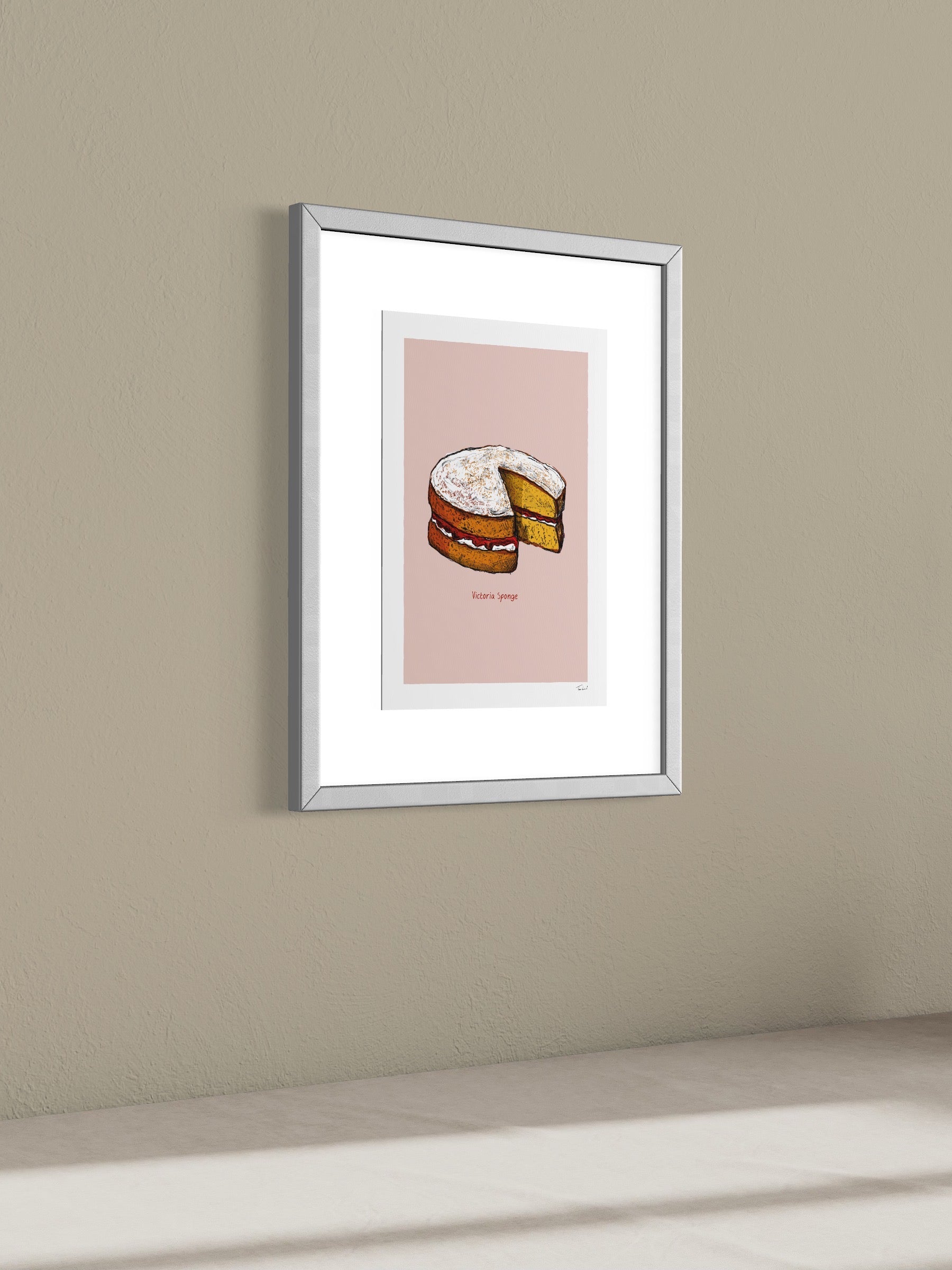 This image shows a giclee wall art print by Tom Laird Illustration of a Victoria Sponge, framed in a beautiful living room with tasteful modern home decor. This art print is available from Tom Laird Illustration in various sizes.