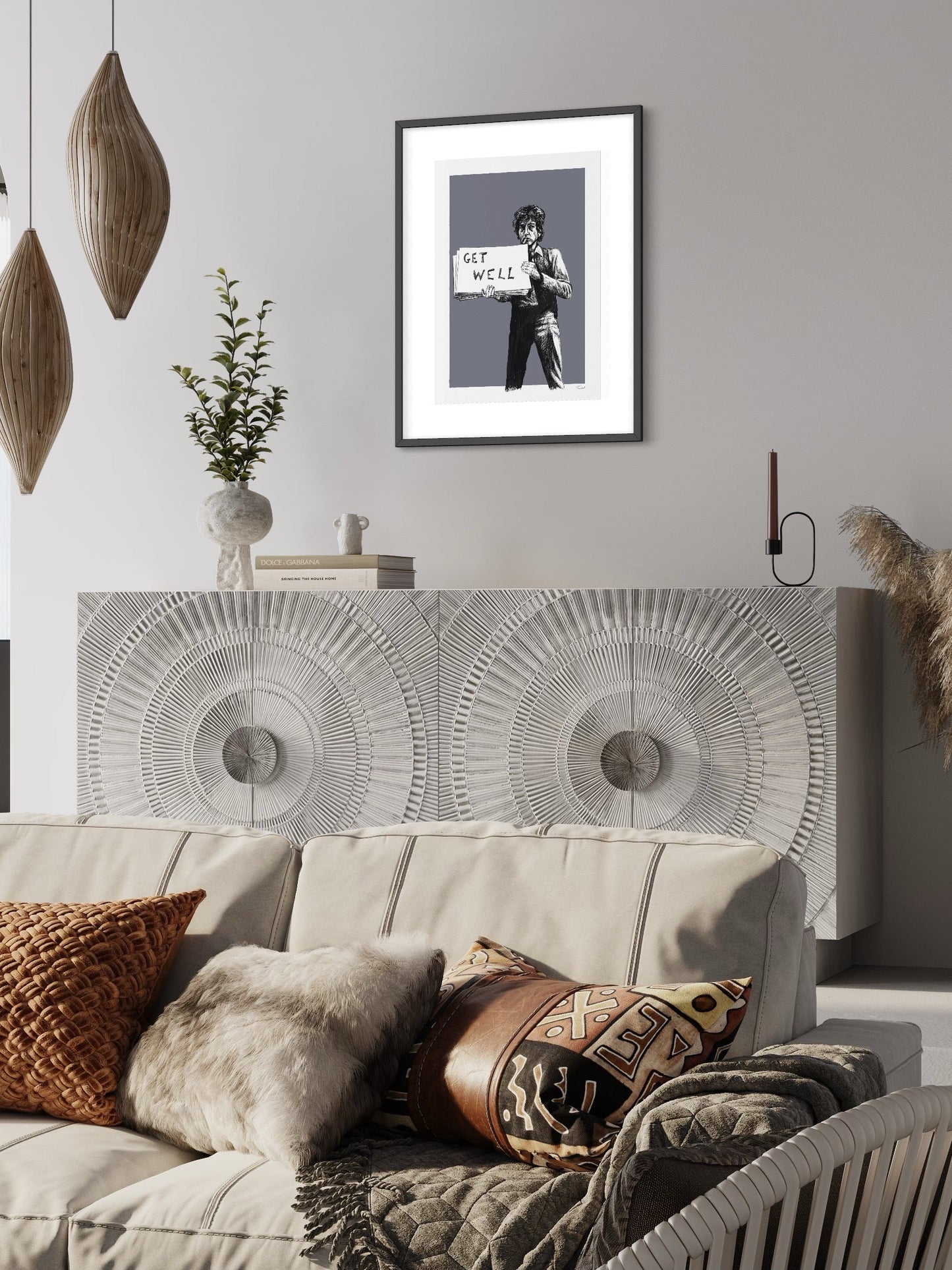 This image shows a giclee wall art print by Tom Laird Illustration of the great Bob Dylan in a Subterranean Homesick Blues music video style pose, framed in a beautiful room with tasteful modern home decor. This art print is available from Tom Laird Illustration in various sizes.