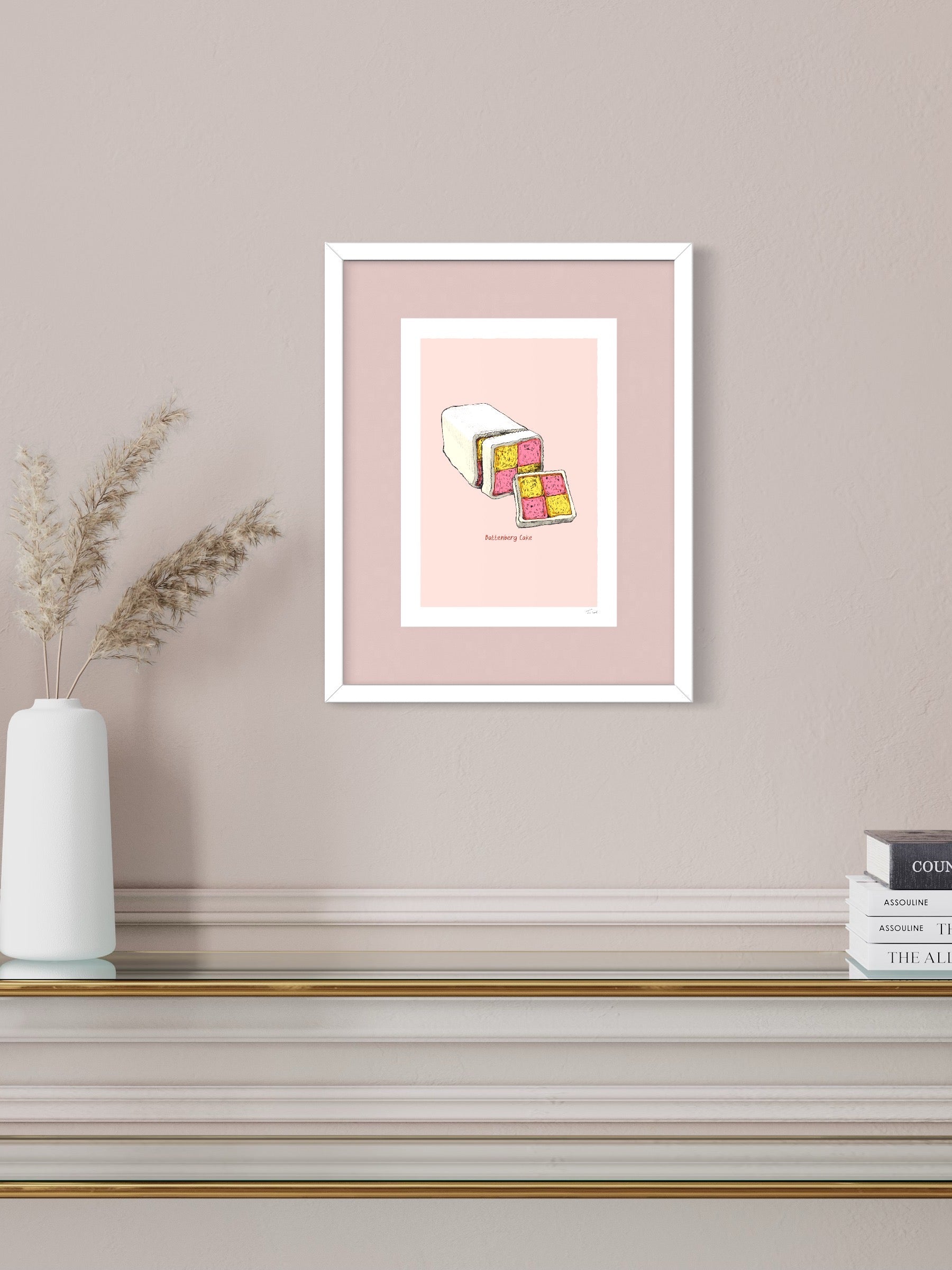 This image shows a giclee wall art print by Tom Laird Illustration of a Battenberg Cake, framed in a beautiful living room with tasteful modern home decor. This art print is available from Tom Laird Illustration in various sizes.