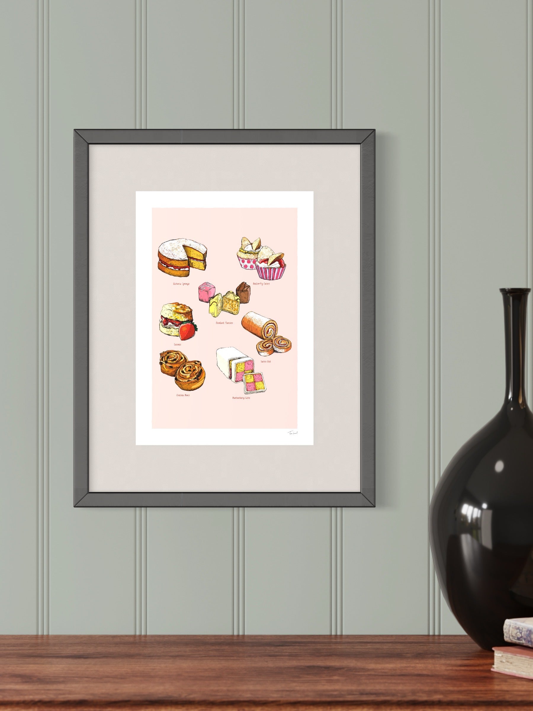 This image shows a giclee wall art print by Tom Laird Illustration of some of the most popular bakes, framed in a beautiful living room with tasteful modern home decor. This art print is available from Tom Laird Illustration in various sizes.