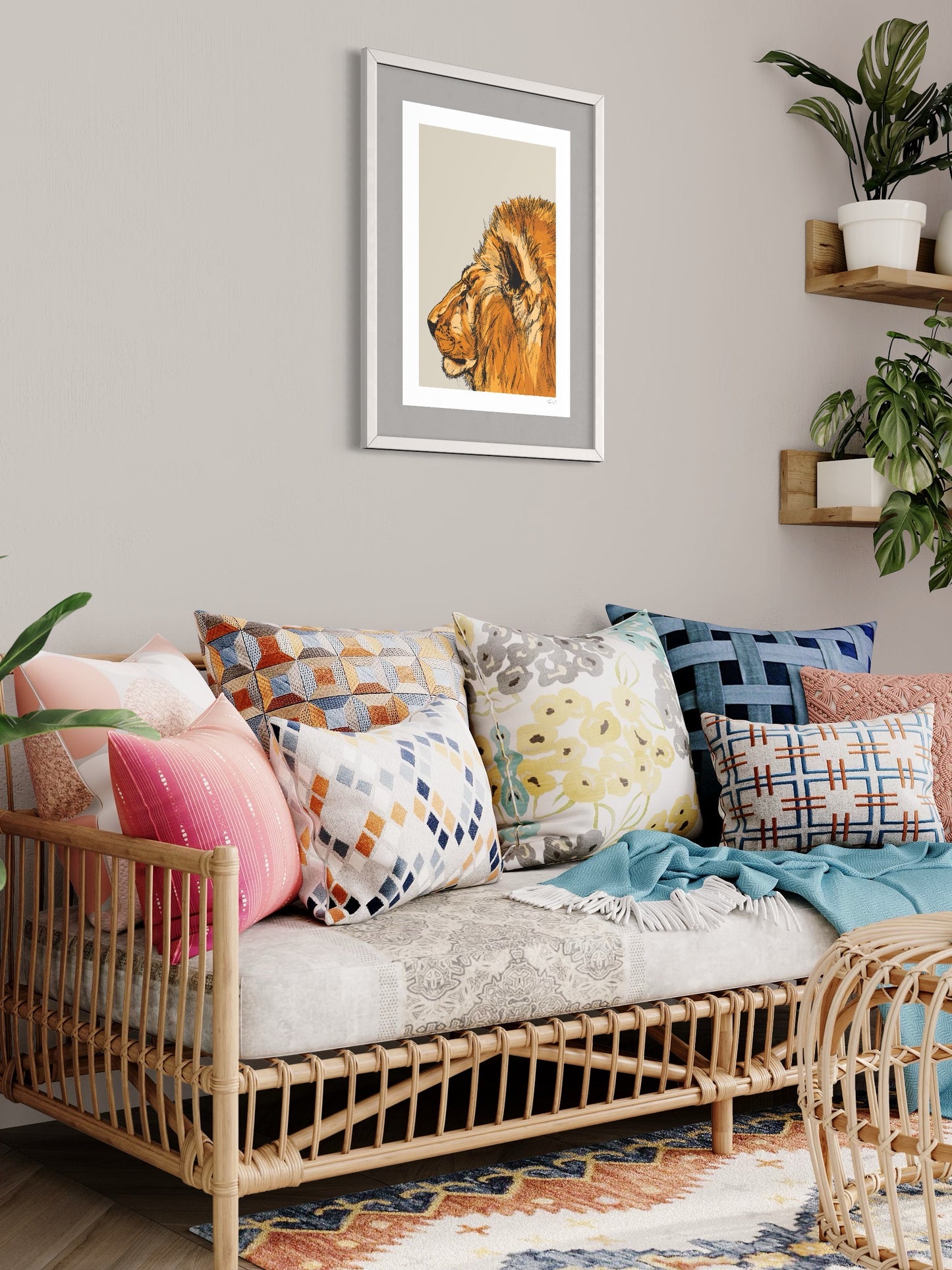 This image shows a giclee wall art print by Tom Laird Illustration of a Lion, framed in a beautiful living room with tasteful modern home decor. This art print is available from Tom Laird Illustration in various sizes.